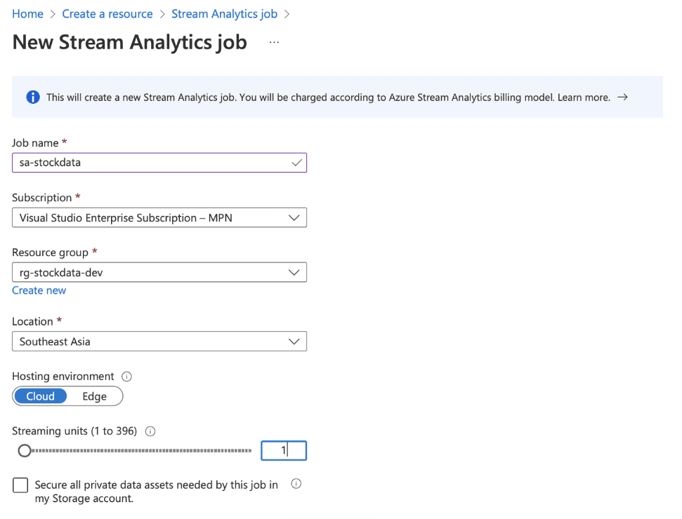 Configure Stream Analytics Job