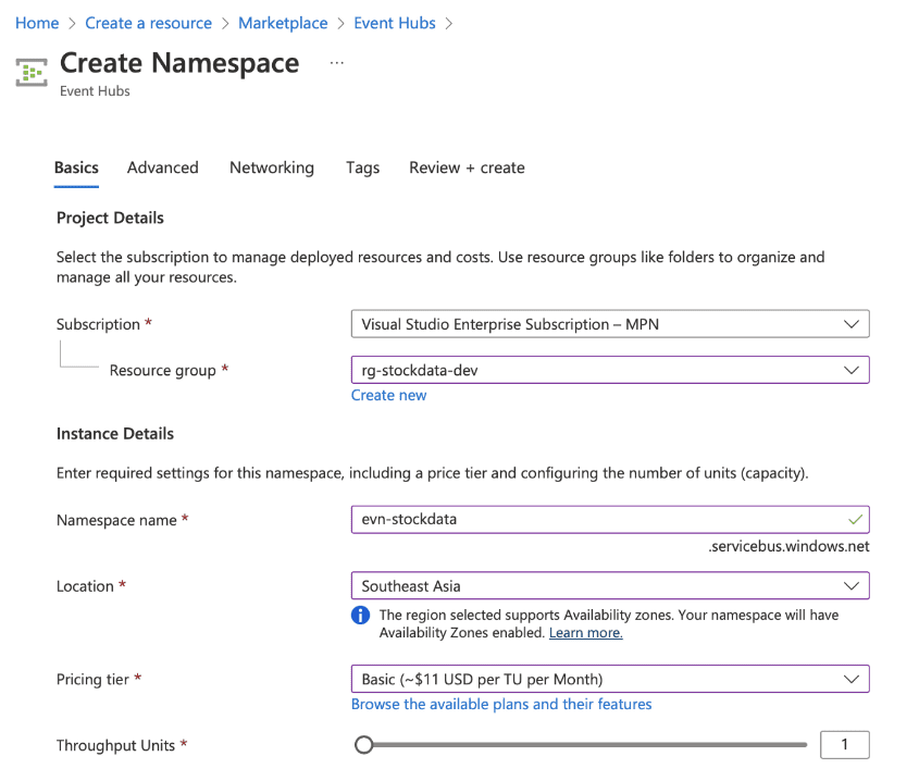 Create an Azure Event Hub Namespace